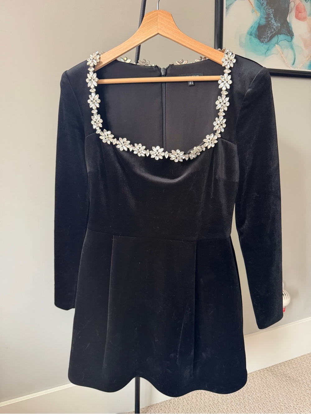 NADINE MERABI Black Velvet Long-Sleeve Mini Dress with Crystal Floral Trim